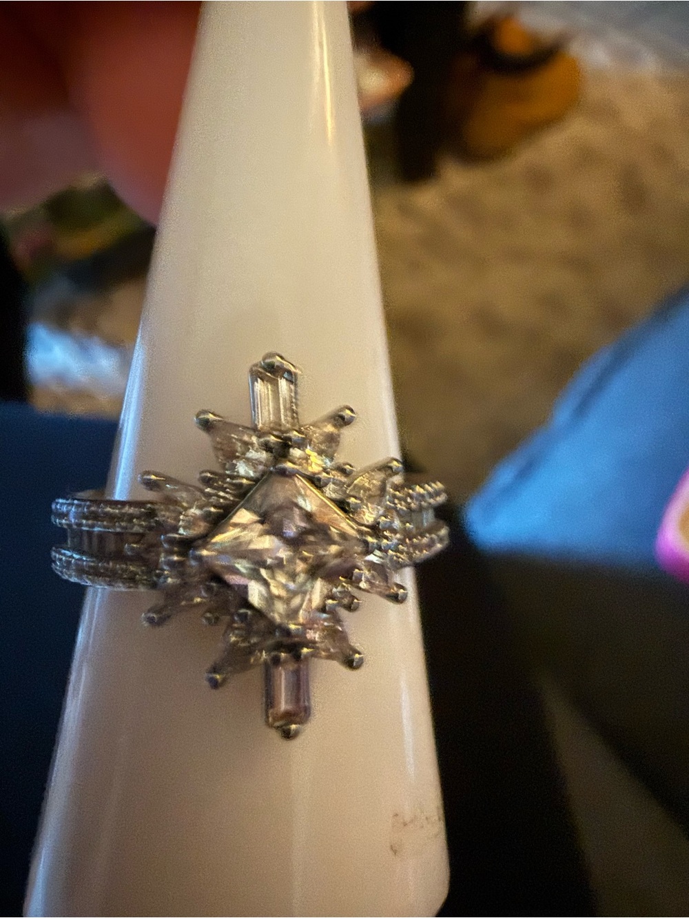 Silver Crystal Starburst Statement Ring - White